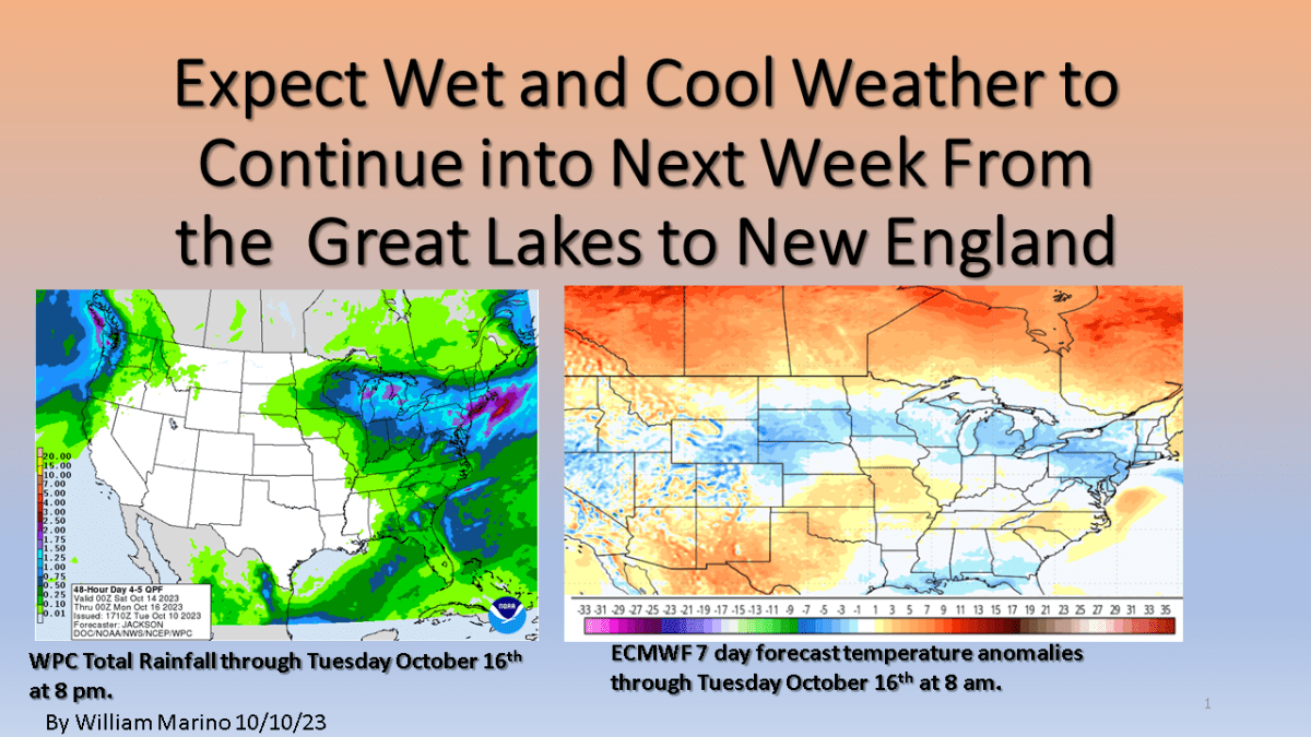 Expect the wet and cool weather over Northern Midwest into New England, including the Great Lakes, to persist into early next week.  An impressively large blocking upper-level high, over central Canada will keep the storm track over the northern CONUS into early next week. It will also allow a subtropical system to track along the Gulf Coast over the next few&nbsp;days.